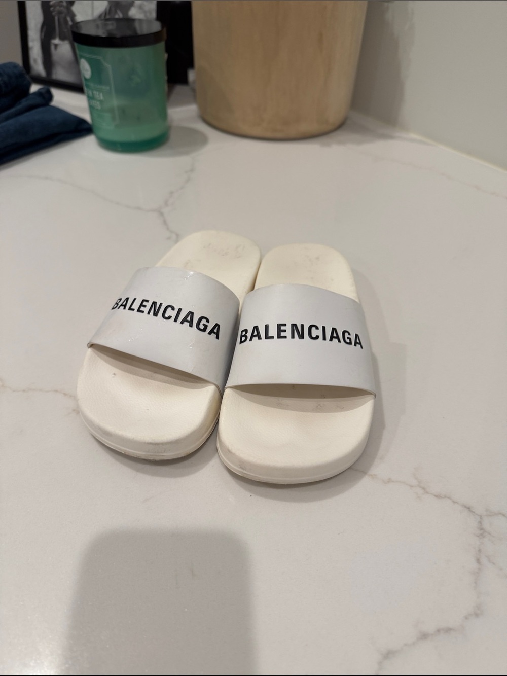 Balenciaga White Slide Sandals with Black Logo